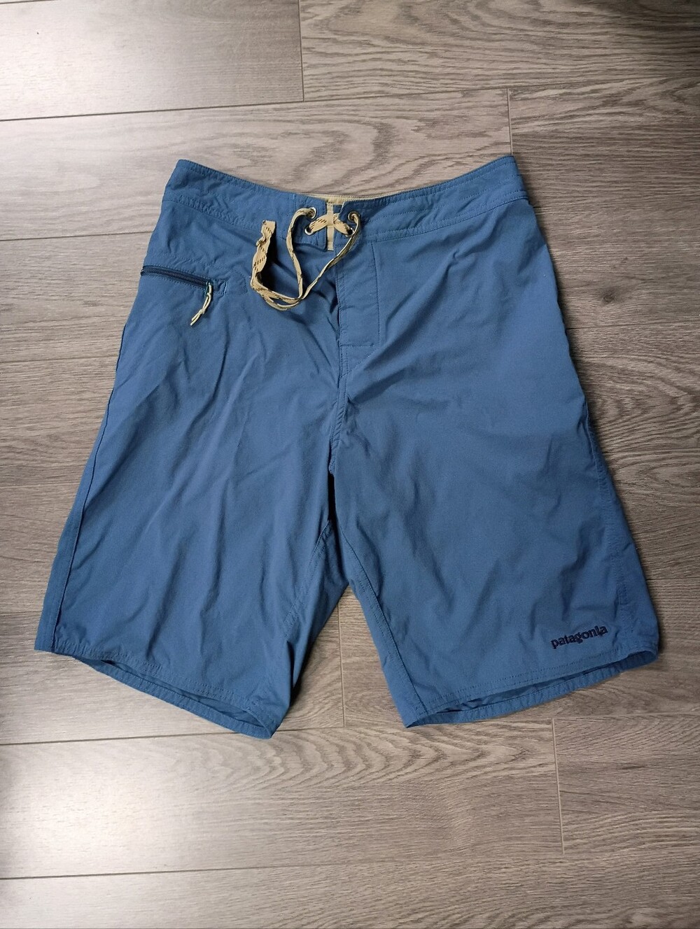 Patagonia Men’s Slate Blue Boardshorts with Tan Drawcord